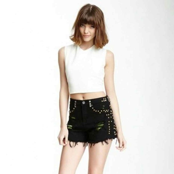 Blank NYC Pants - BLANK NYC Heavy Studded Destroyed Hi-Rise Denim Black Raw Hem Shorts Size 28